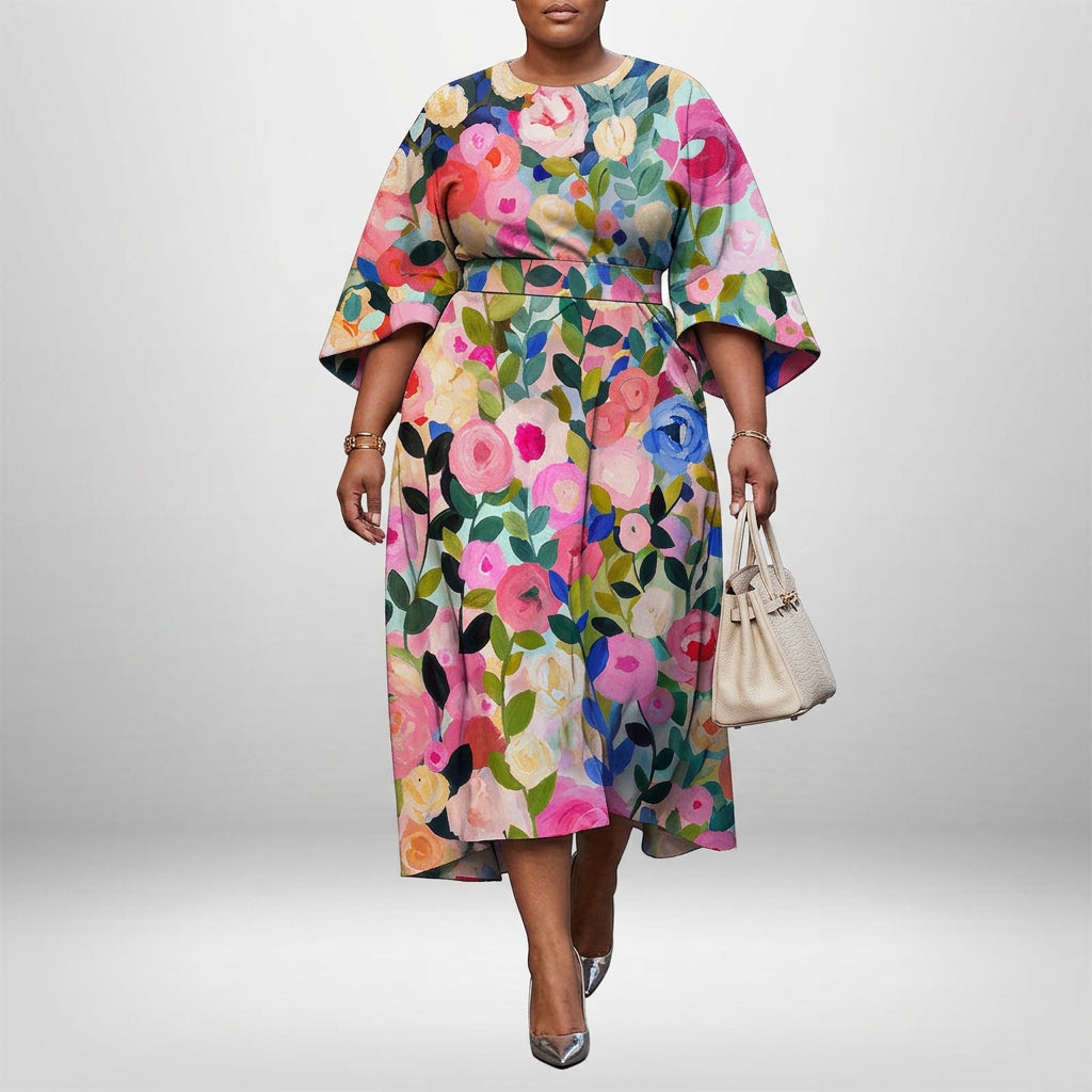 ROSALIE | Bloom Print Midi with Sculpted Waist and Flowing Grace