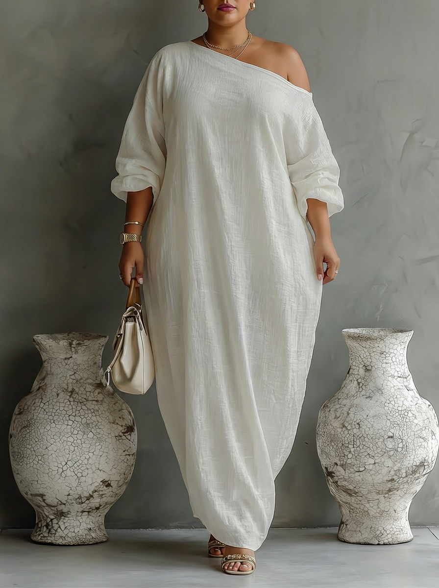 Elegant Flowing Dress in Ivory White with Off-Shoulder