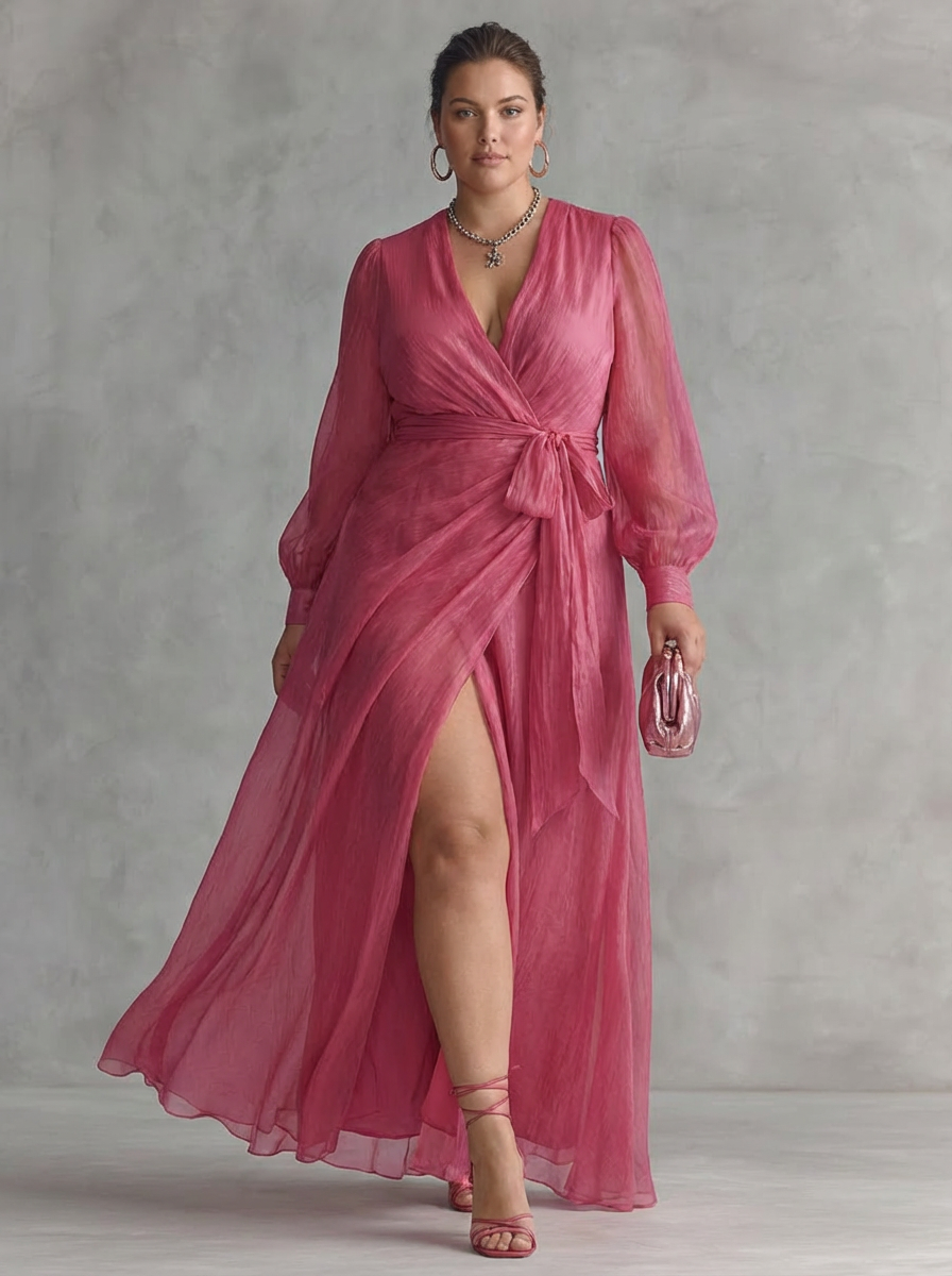 Elegant long pink dress with pearls and V-neck for women