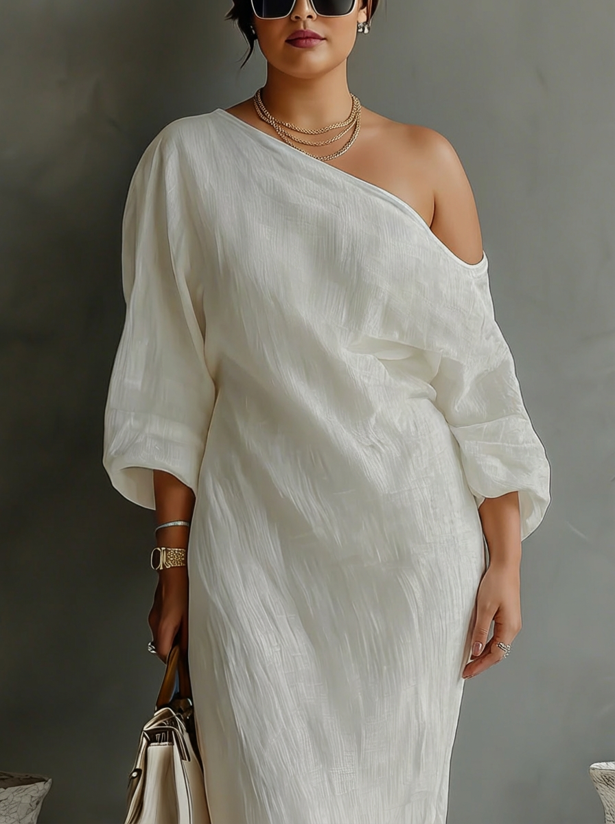 Elegant Flowing Dress in Ivory White with Off-Shoulder