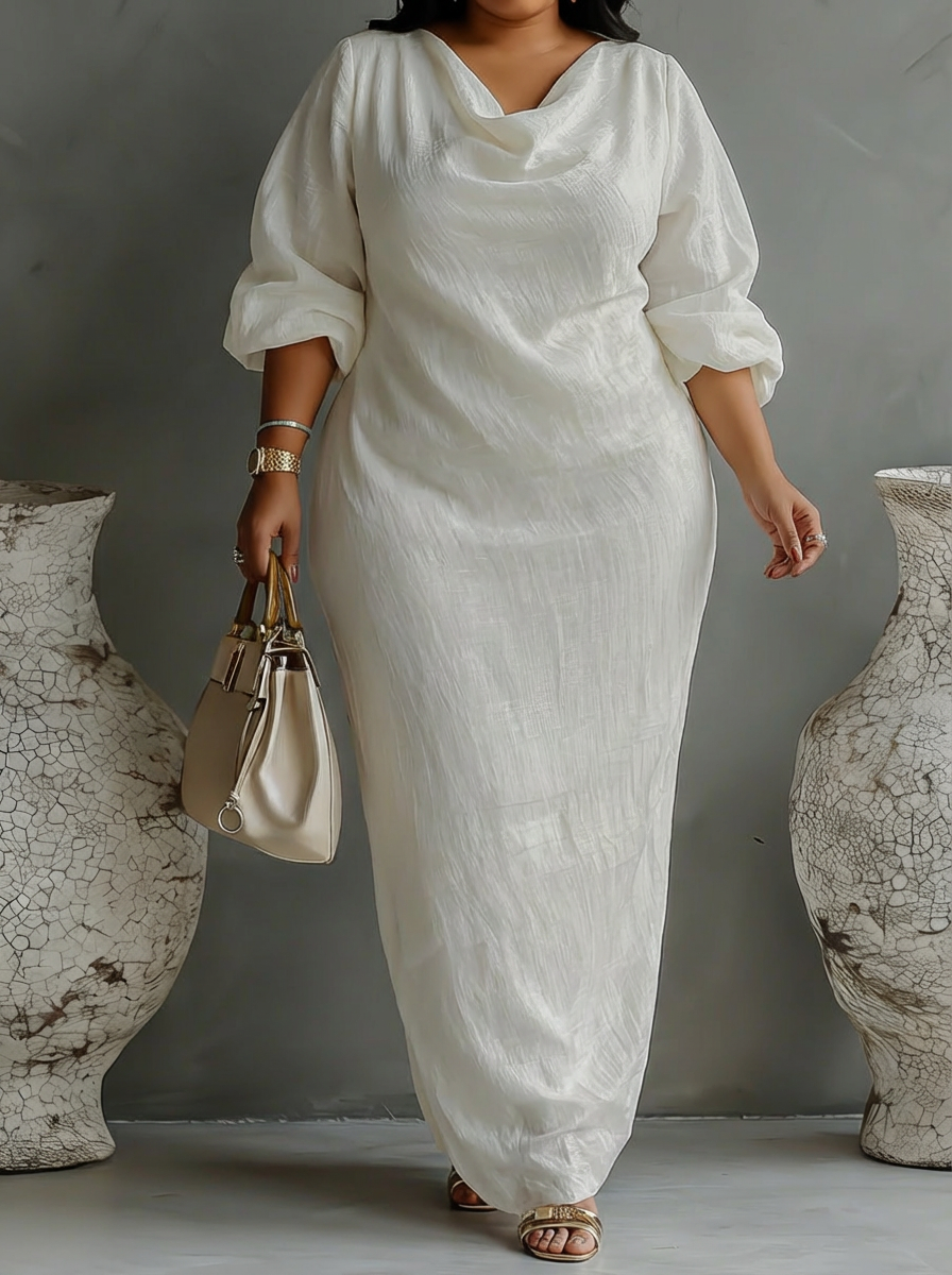 Elegant Flowing Dress in Ivory White with Off-Shoulder