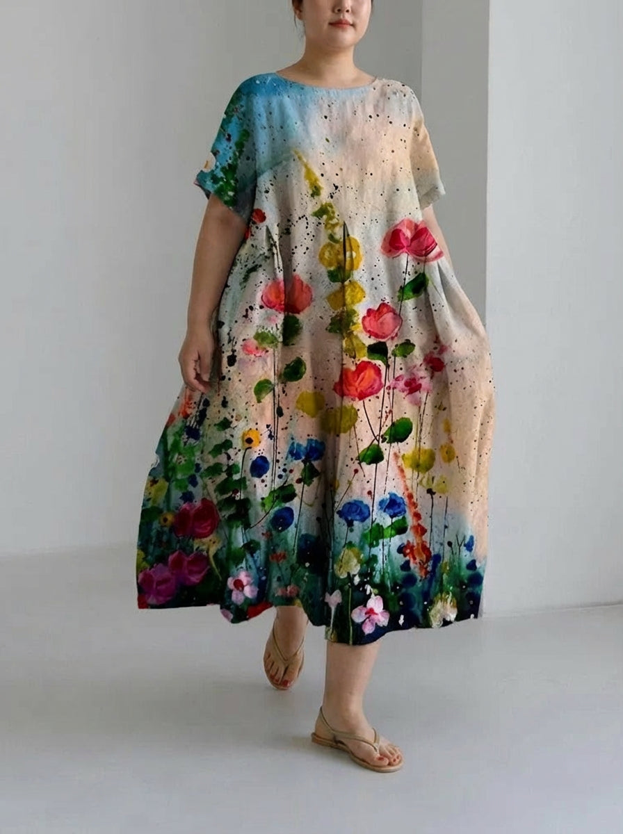 Grace | Oil Art Flory Loose Round Neck Medium Length Skirt Dress