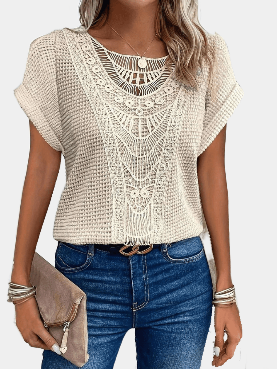 Clara open-work boho top in beige, front view