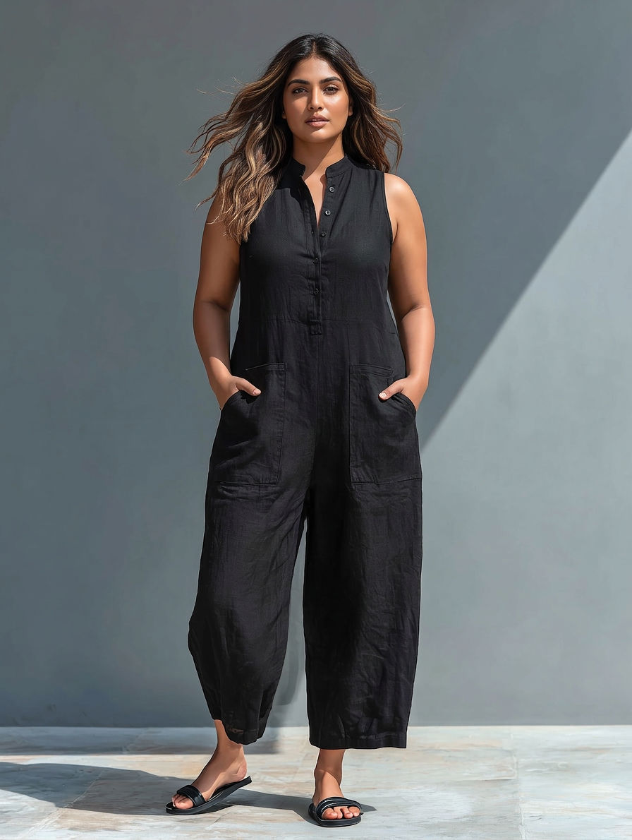 Sleeveless Minimalist Jumpsuit for Women with High Collar and Buttons