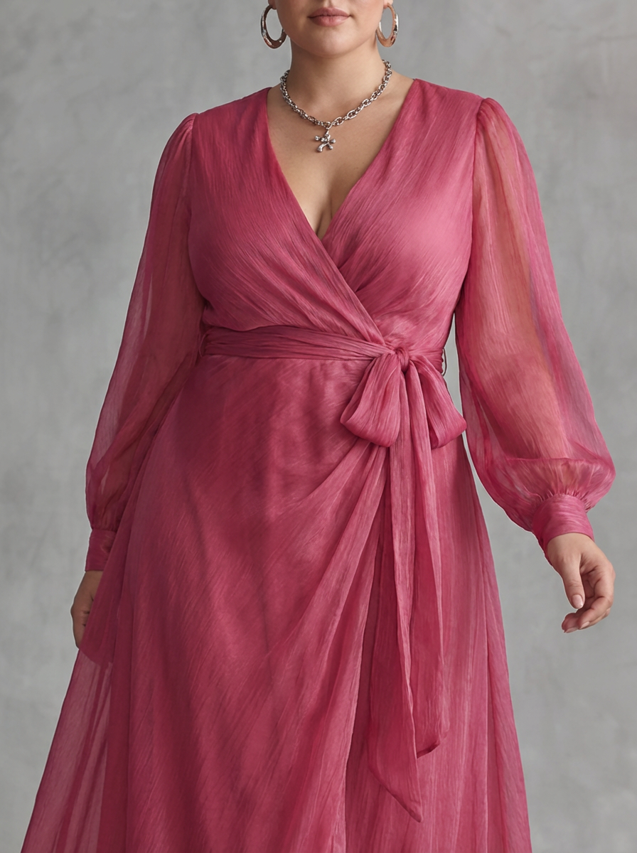 Elegant long pink dress with pearls and V-neck for women