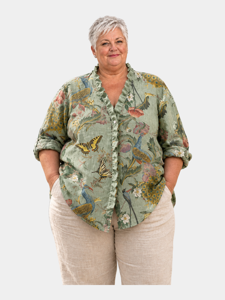 Patricia relaxed tunic worn by a plus-size model