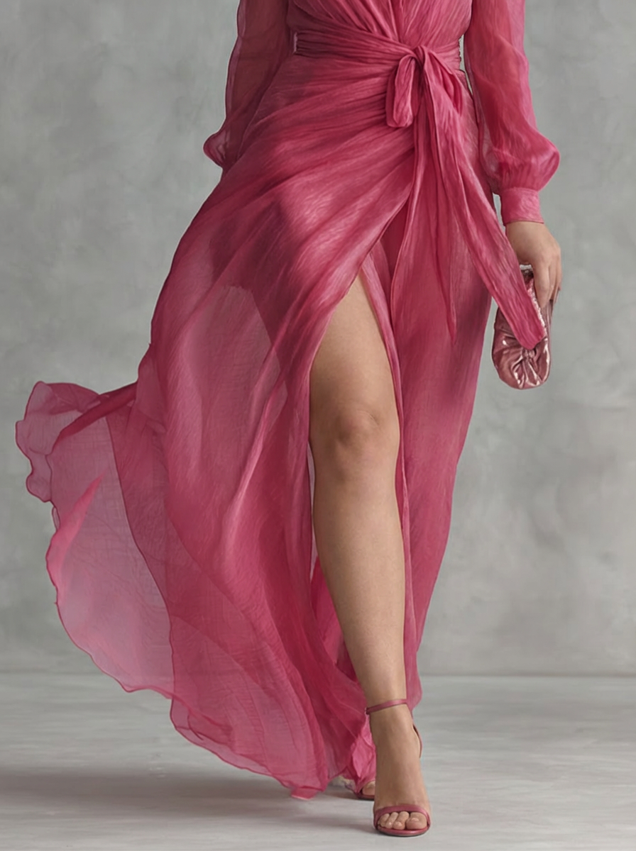 Elegant long pink dress with pearls and V-neck for women