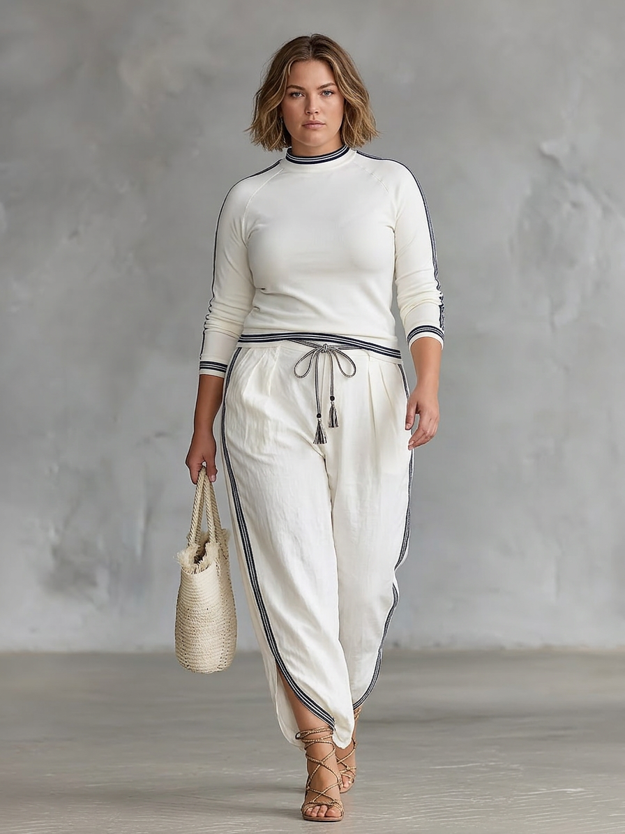 Women's Two-Piece Set: Long Sleeve Sporty T-Shirt with High Neck and Loose Pants with Drawstring