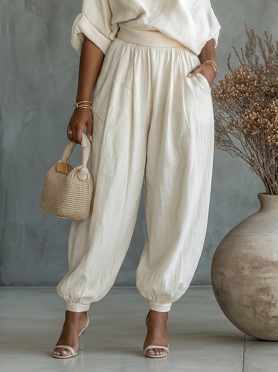 Women's Off-White Set with Off-Shoulder Top and Tapered Pants