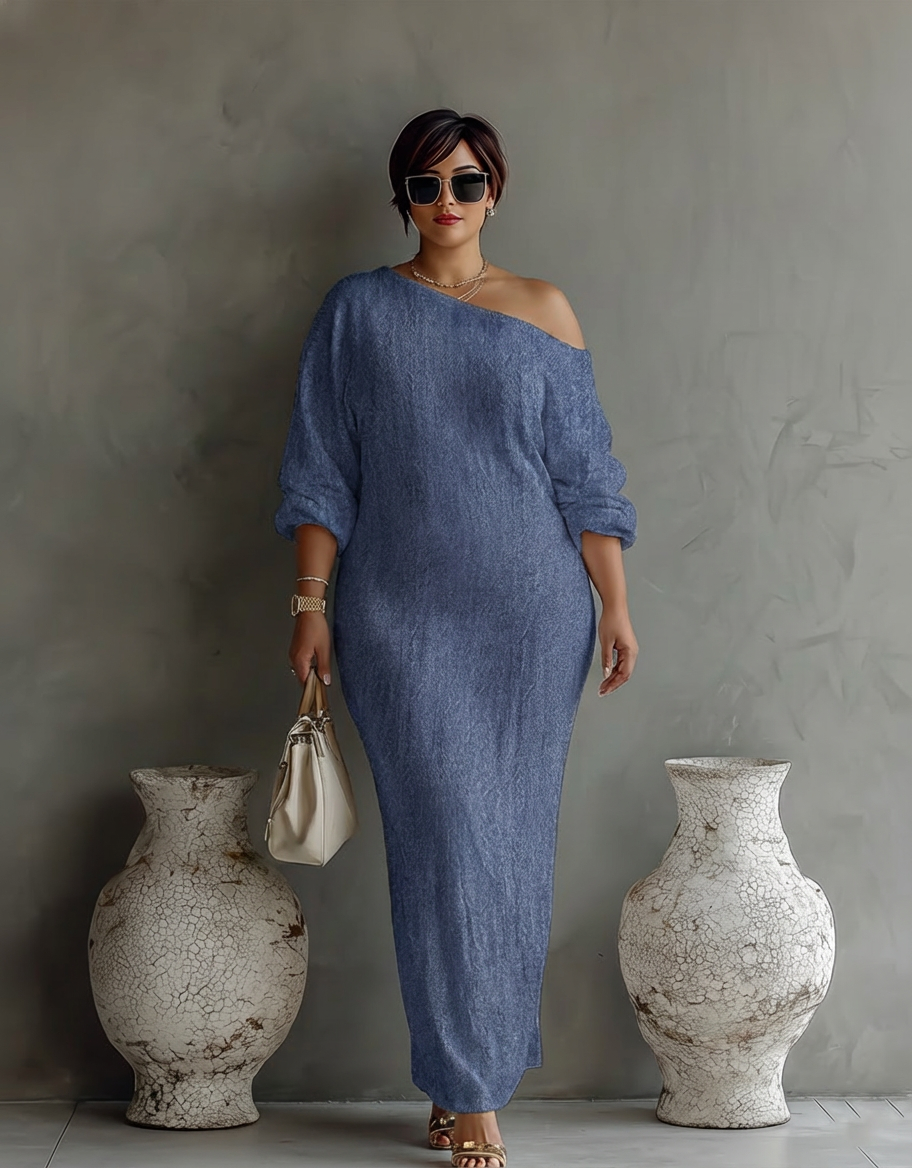 Elegant Flowing Dress in Ivory White with Off-Shoulder