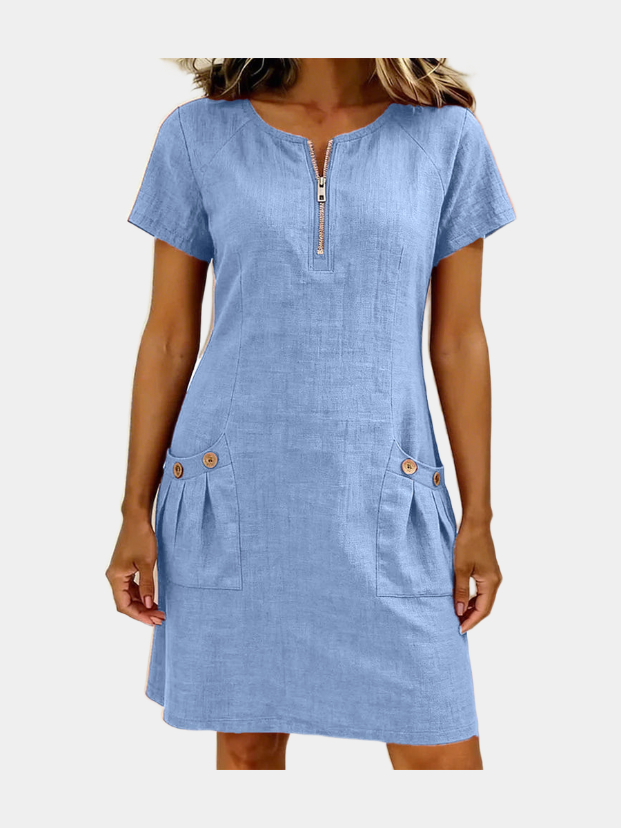 Lina zip neck pocket dress in blue