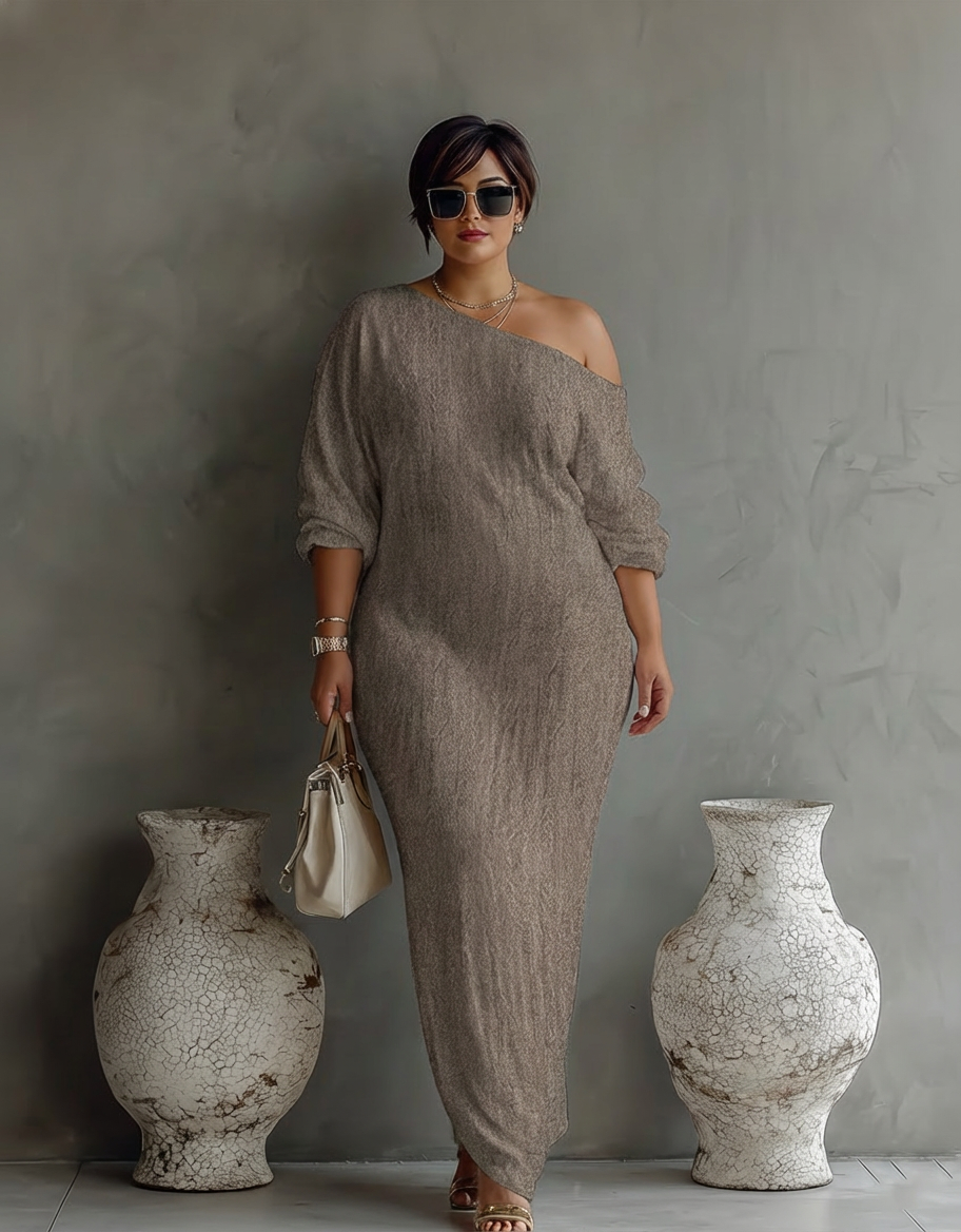 Elegant Flowing Dress in Ivory White with Off-Shoulder