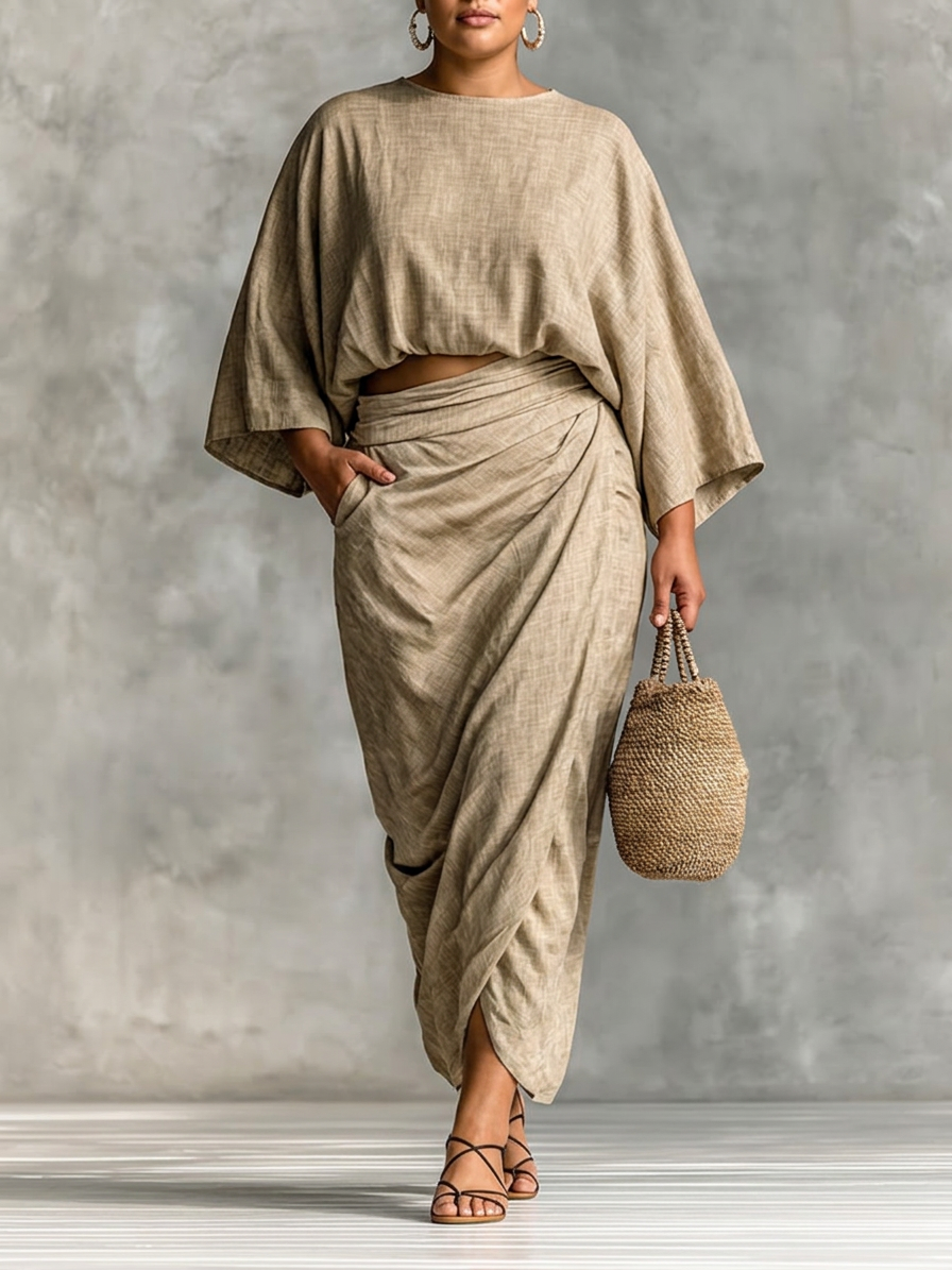 Two-piece set with long skirt and batwing sleeves