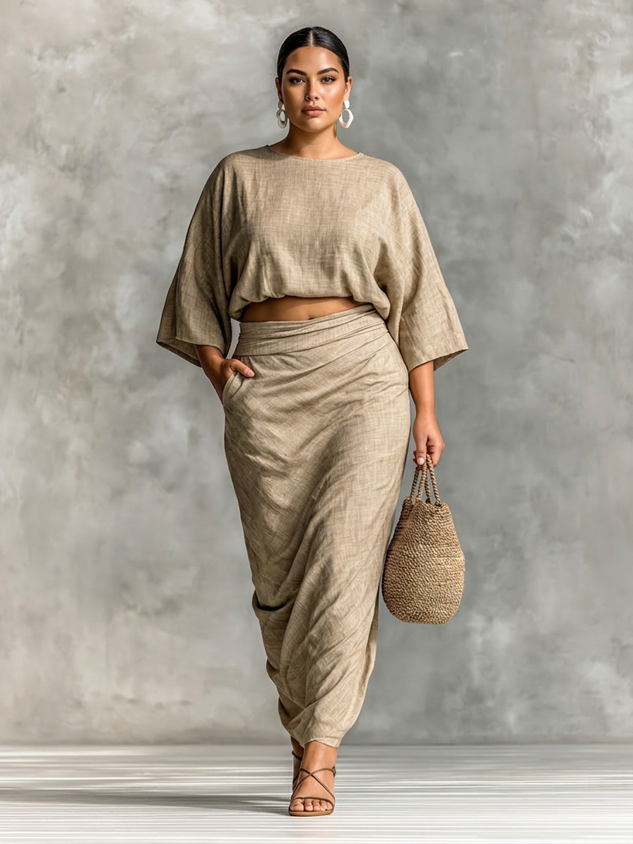 Two-piece set with long skirt and batwing sleeves
