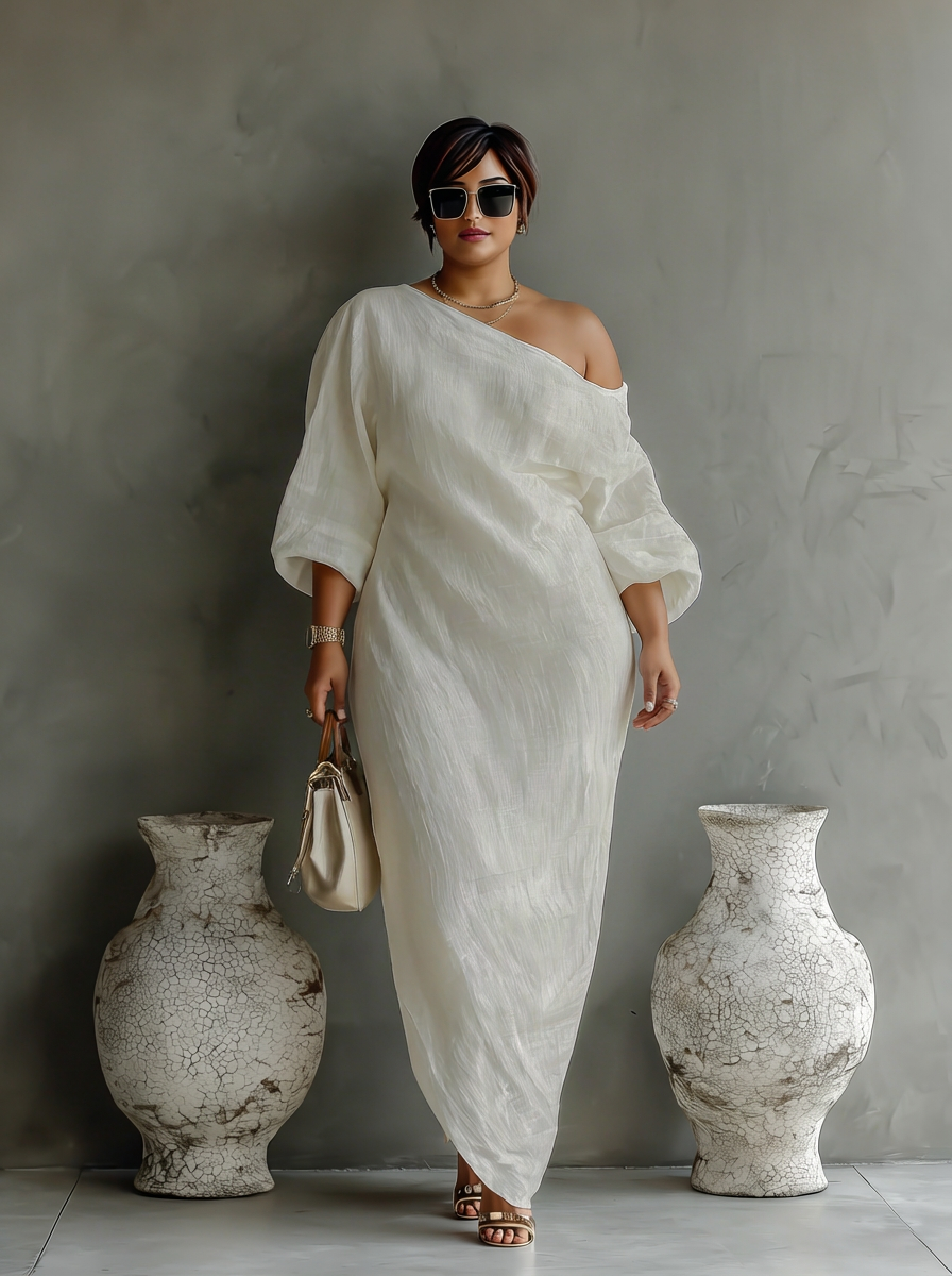 Elegant Flowing Dress in Ivory White with Off-Shoulder