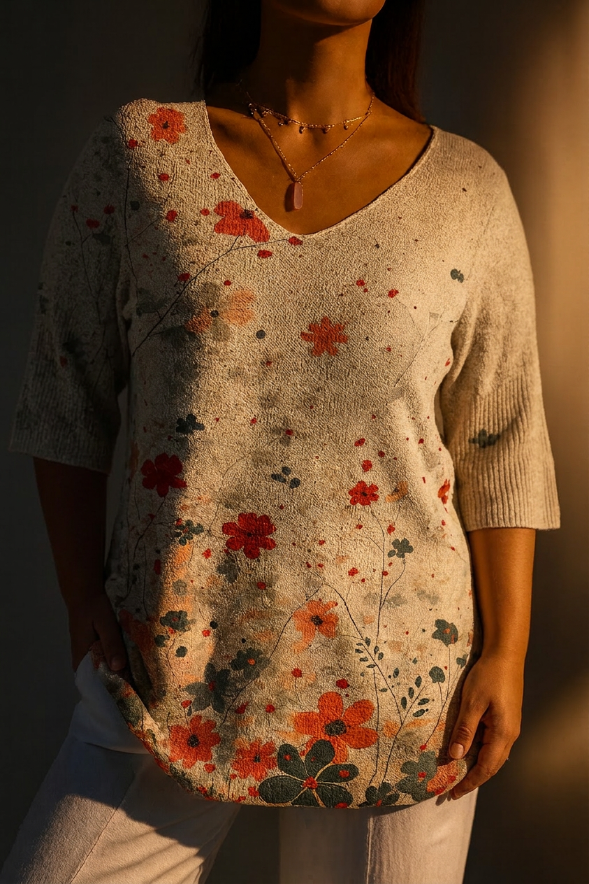 Women's Vintage Floral Pattern Art Print Casual Knit Pullover