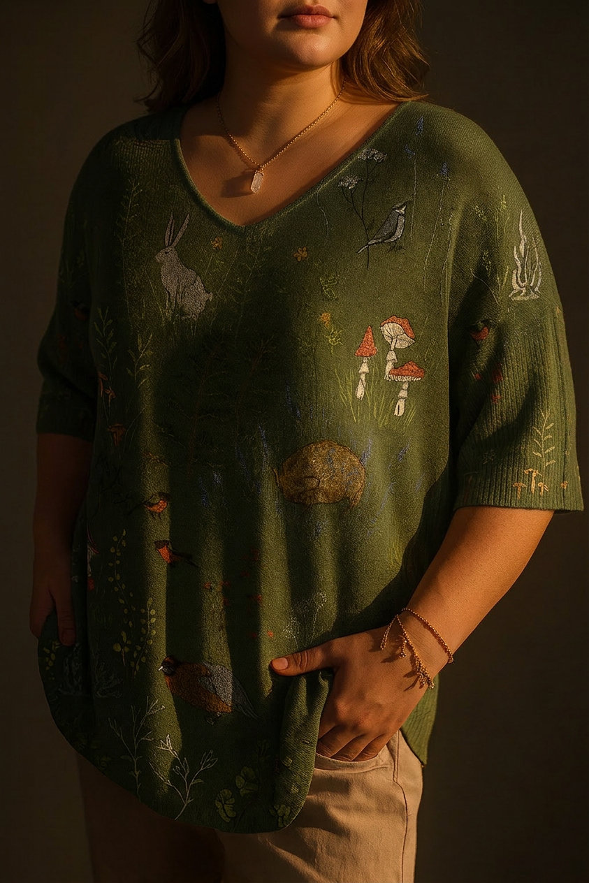 Woodland And Animals Repeat Pattern Printed Women's Casual Pullover Knit