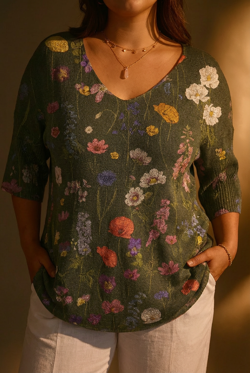 Vibrant Spring Botanical Garden Pattern Printed Women's Casual Pullover Knit