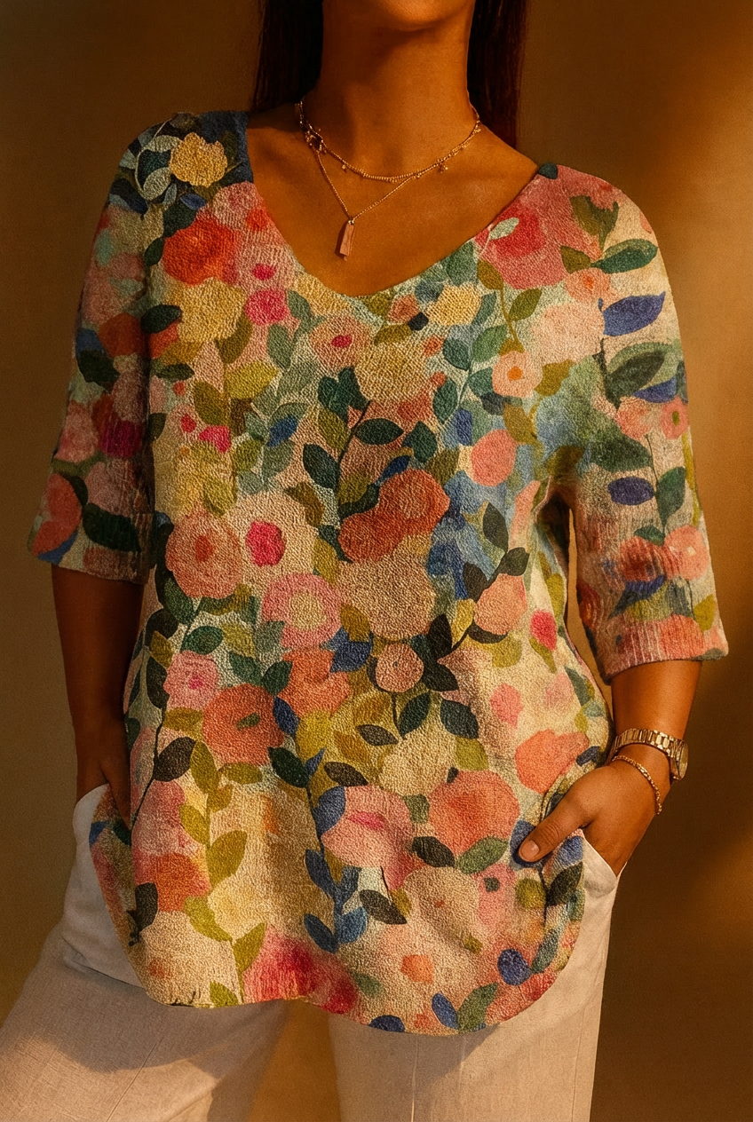 Colorful Spring Floral Garden Printed Women's Casual Pullover Knit