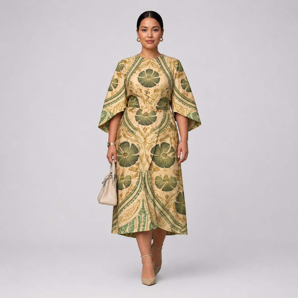 SERENZA | Vintage Floral Midi with Sculpted Waist and Regal Elegance