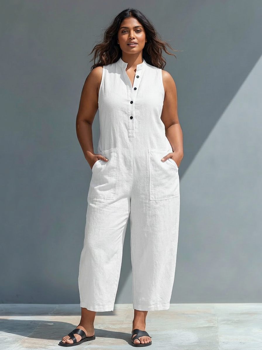 Sleeveless Minimalist Jumpsuit for Women with High Collar and Buttons