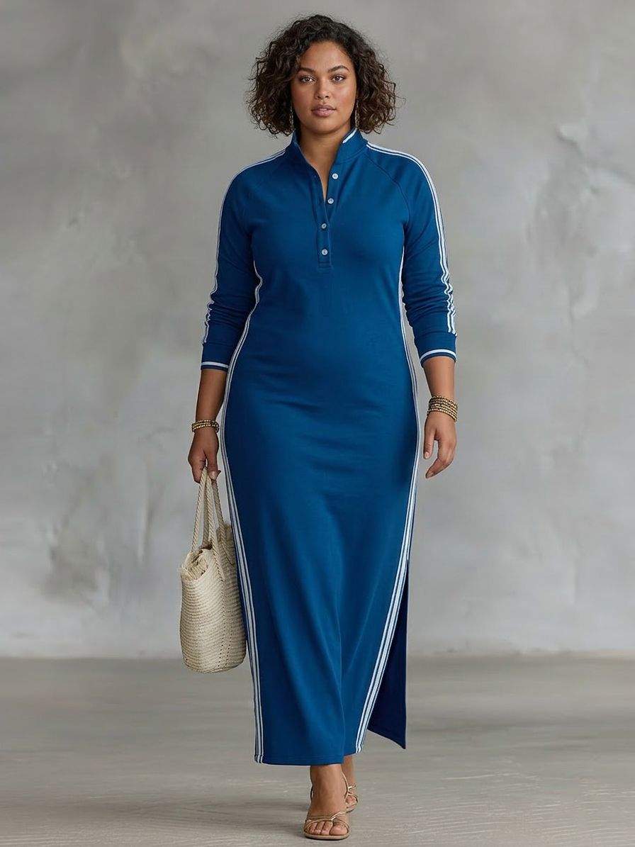 Maxi Sweatshirt Dress for Women with Button-Down Collar and White Trim