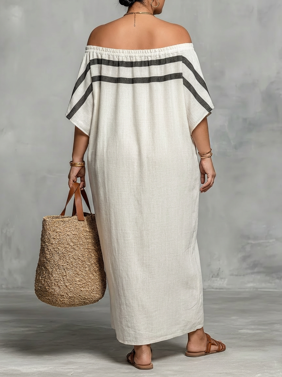 Minimalist Maxi Dress for Women with Off-the-Shoulder Neckline and Batwing Sleeves