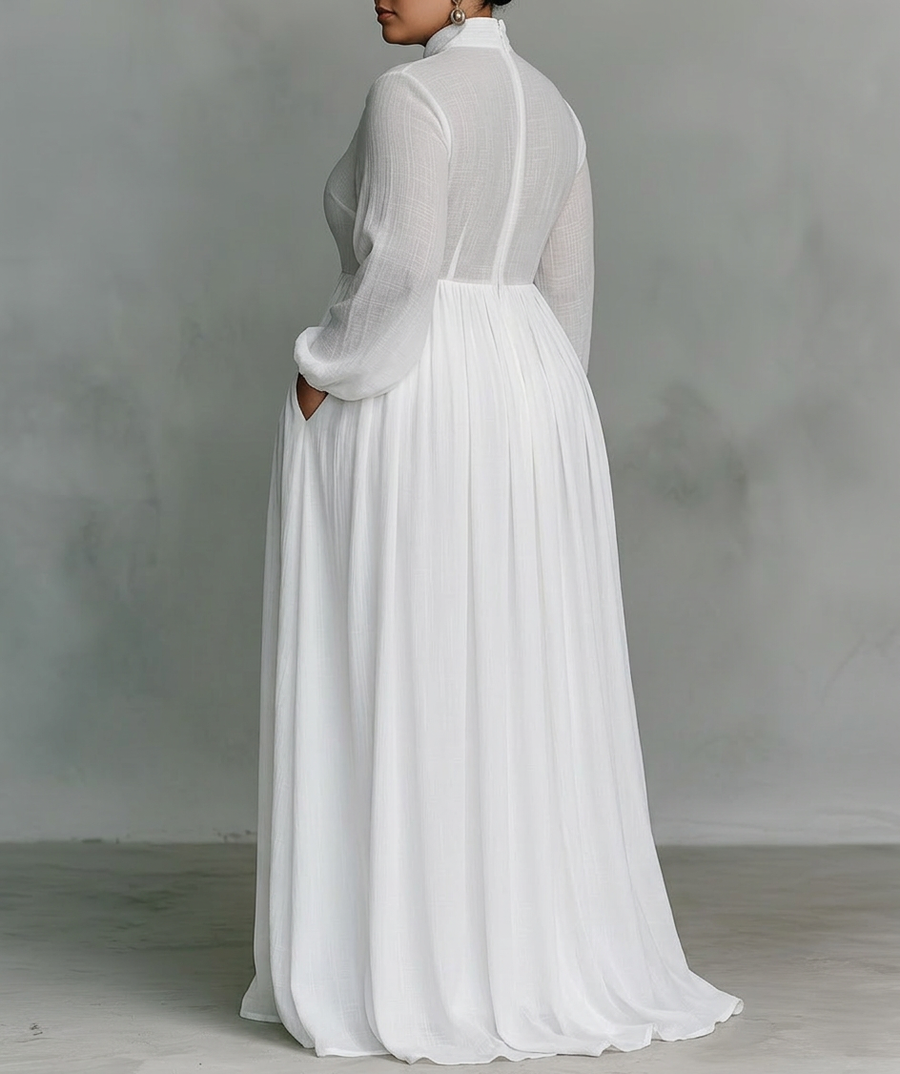 Elisa - Maxi Minimalist Dress with Patchwork, High Collar and Long Sleeves