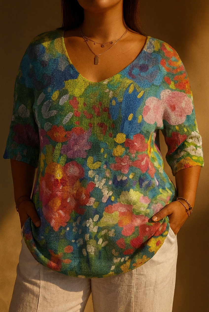 Women's Vintage Lovely Floral Art Print Casual Pullover Knit