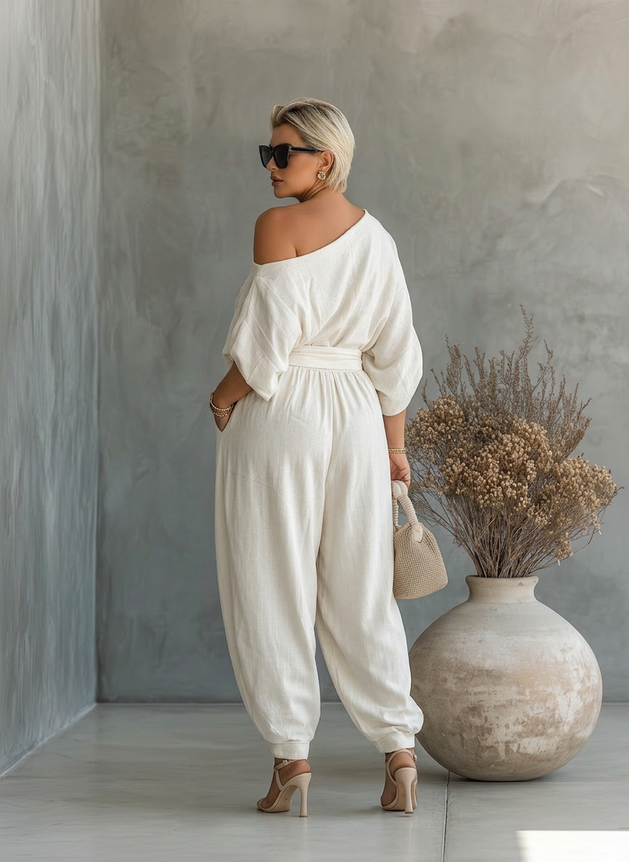 Women's Off-White Set with Off-Shoulder Top and Tapered Pants