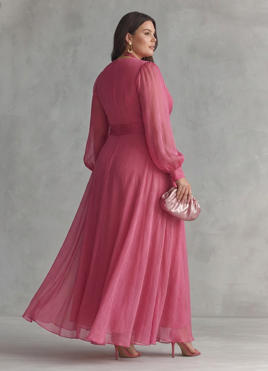 Elegant long pink dress with pearls and V-neck for women