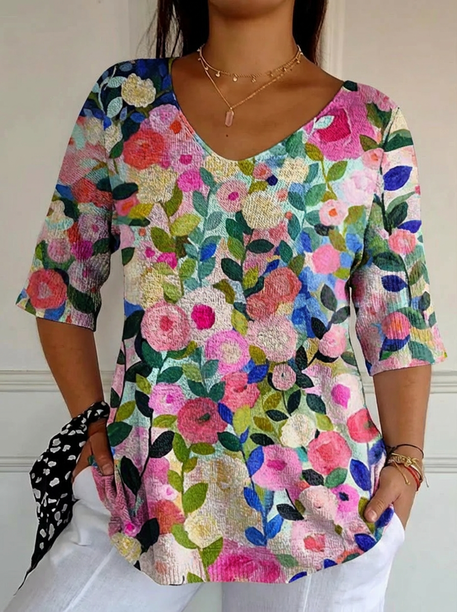 Colorful Spring Floral Garden Printed Women's Casual Pullover Knit