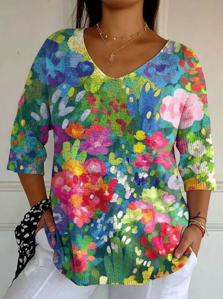 Women's Vintage Lovely Floral Art Print Casual Pullover Knit