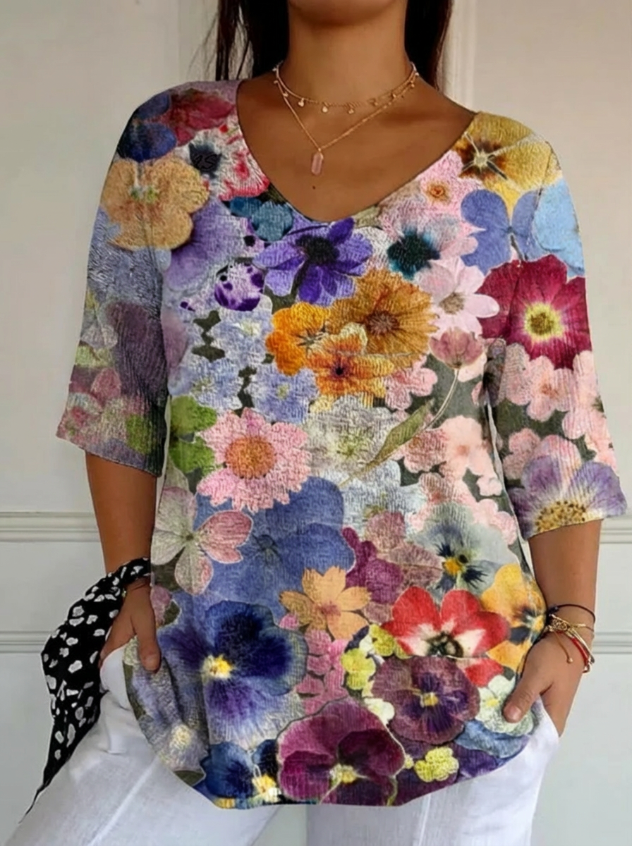 Women's Vintage Lovely Floral Art Print Casual Pullover Knit