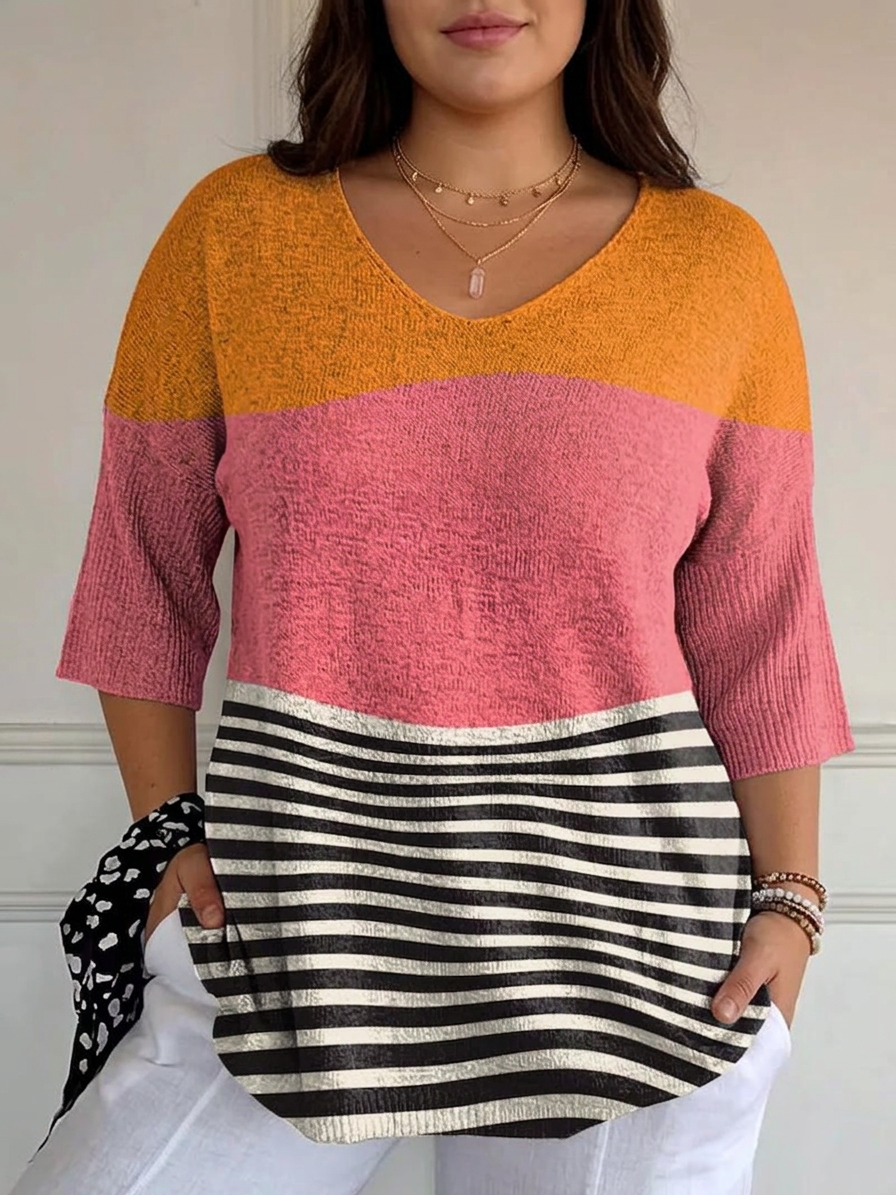 Women's Abstract Line Pattern Art Print Casual Knit Pullover