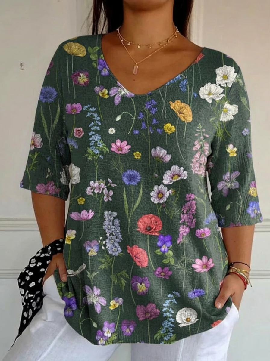 Vibrant Spring Botanical Garden Pattern Printed Women's Casual Pullover Knit