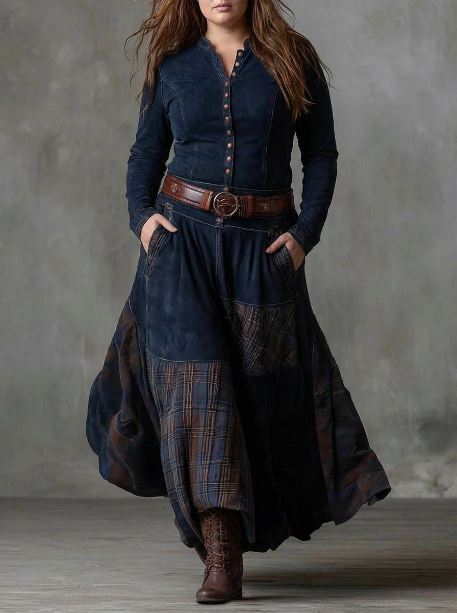 Leonora | Vintage Long Dress in Navy Blue Check (Includes Belt)