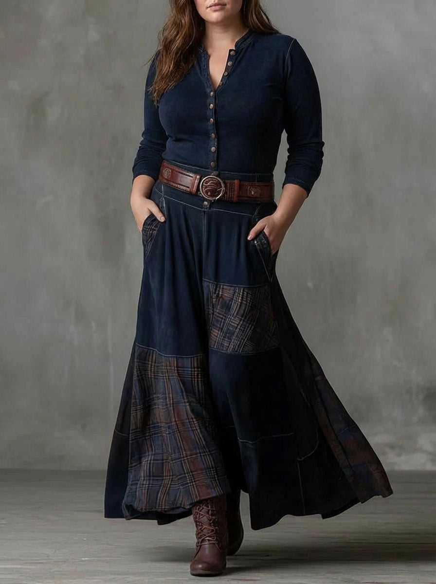 Leonora | Vintage Long Dress in Navy Blue Check (Includes Belt)