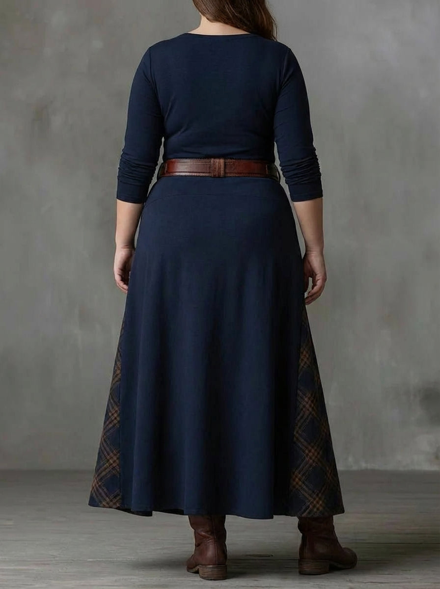 Leonora | Vintage Long Dress in Navy Blue Check (Includes Belt)