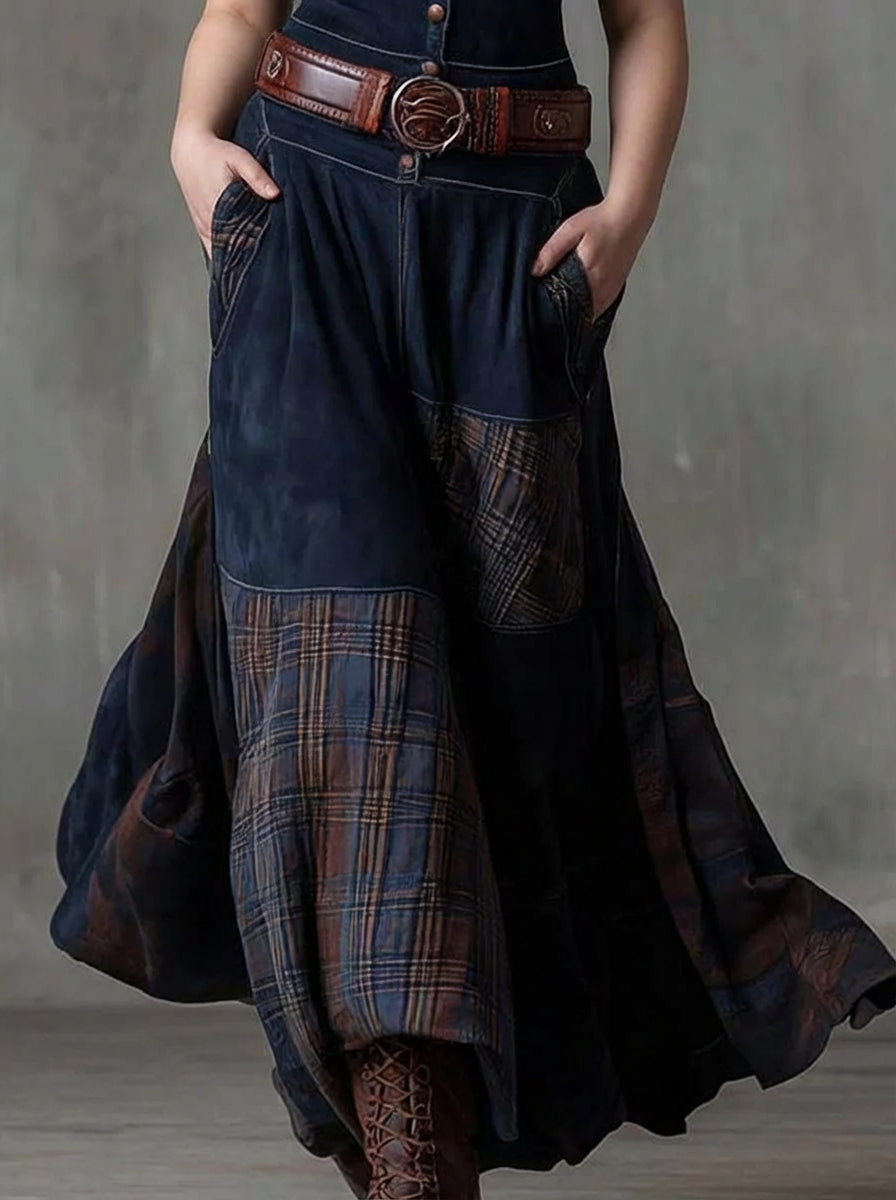 Leonora | Vintage Long Dress in Navy Blue Check (Includes Belt)