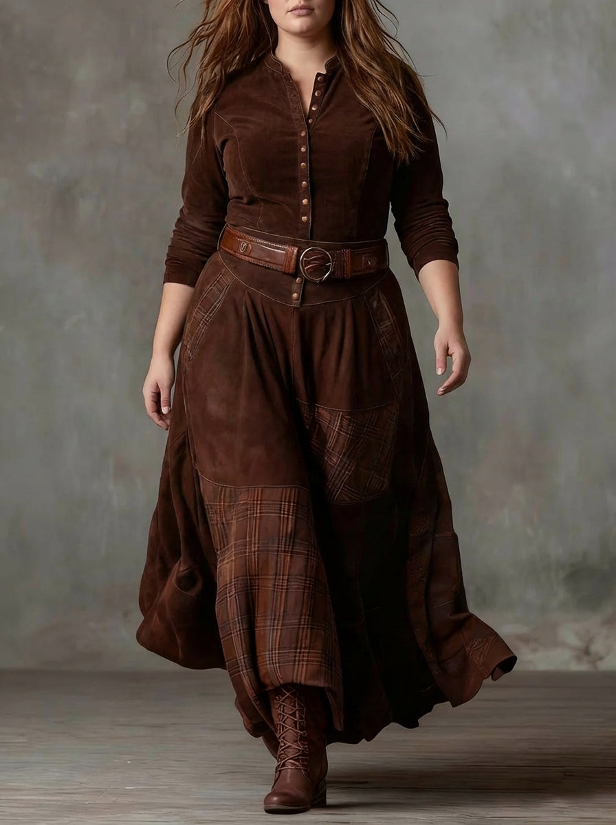 Leonora | Vintage Long Dress in Navy Blue Check (Includes Belt)
