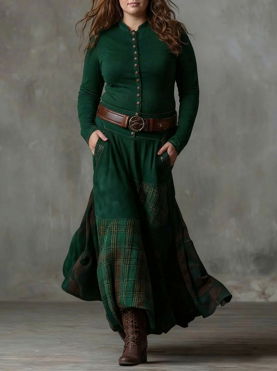 Leonora | Vintage Long Dress in Navy Blue Check (Includes Belt)