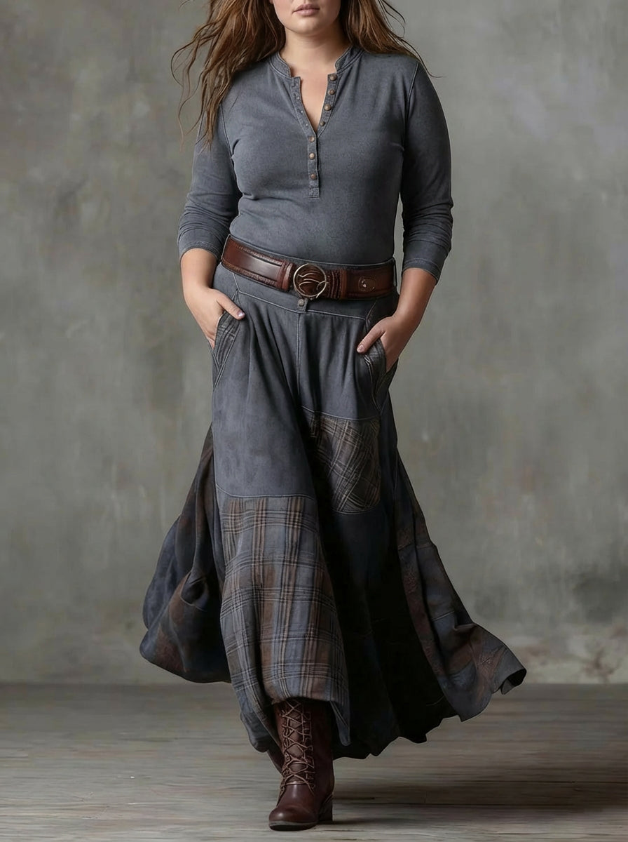 Leonora | Vintage Long Dress in Navy Blue Check (Includes Belt)
