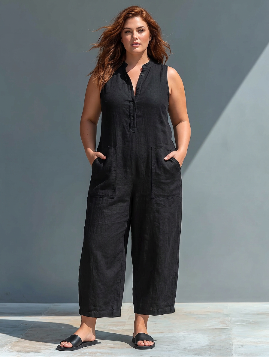 Sleeveless Minimalist Jumpsuit for Women with High Collar and Buttons