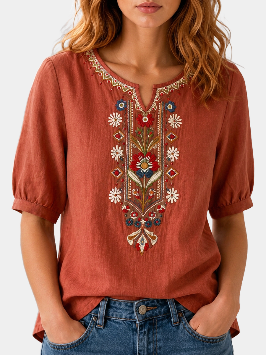 Seraphina floral embroidered blouse in rust, front view