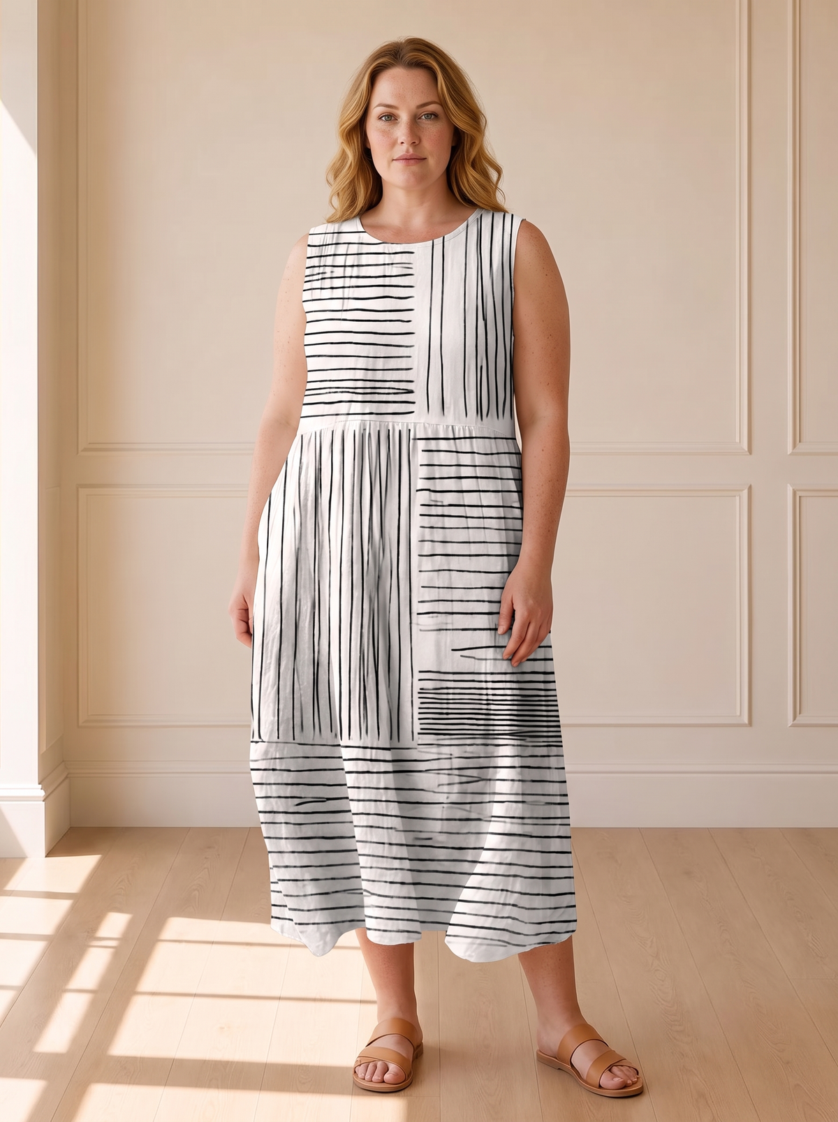 The Amara midi dress in black and white line print, front view