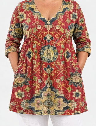 Amoura long blouse front view on a plus-size model