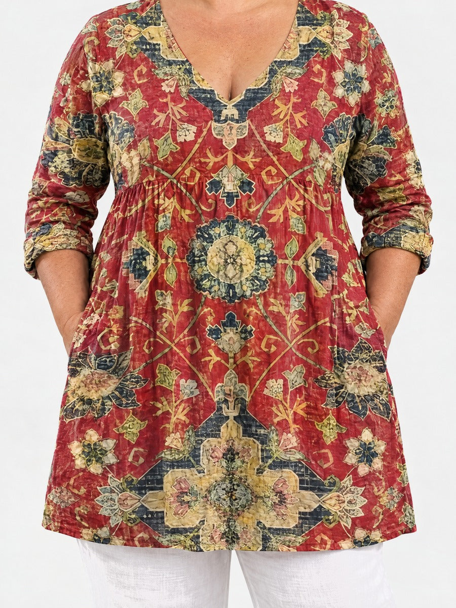 Amoura long blouse front view on a plus-size model