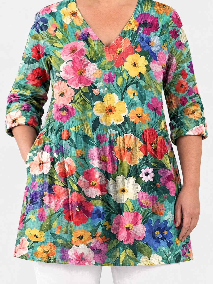 Angel long blouse front view on a plus-size model