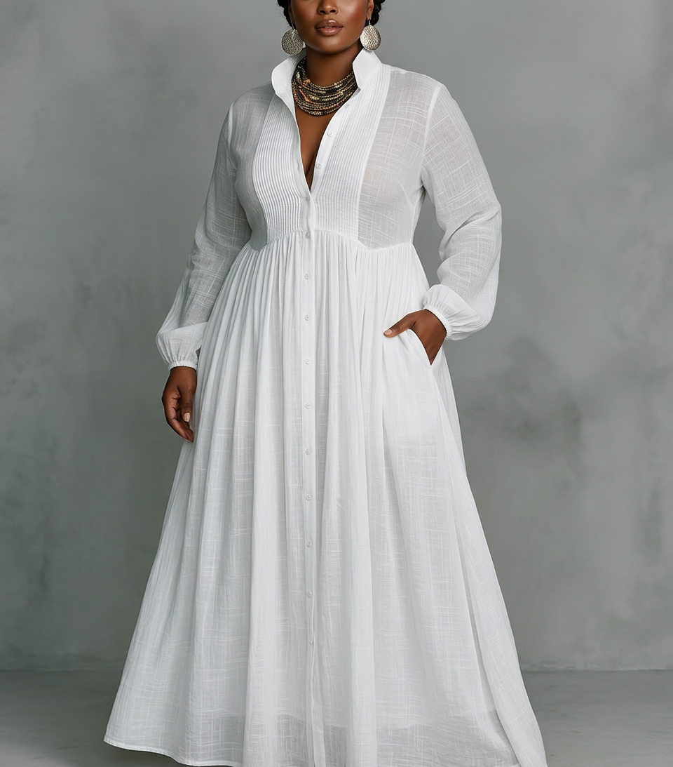 Elisa - Maxi Minimalist Dress with Patchwork, High Collar and Long Sleeves